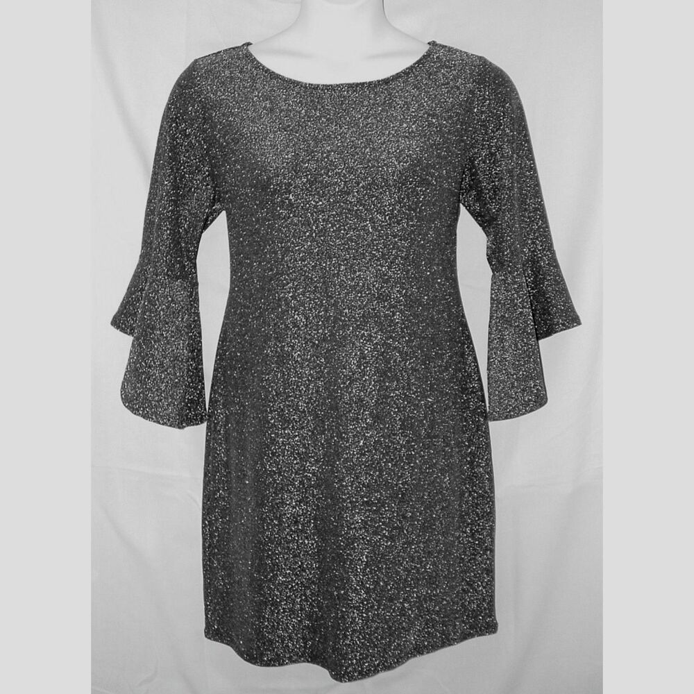 SAGE & VICKY Sparkly Silver Sz Large 3/4 Bell Sleeve Stretchy Mini Party Dress